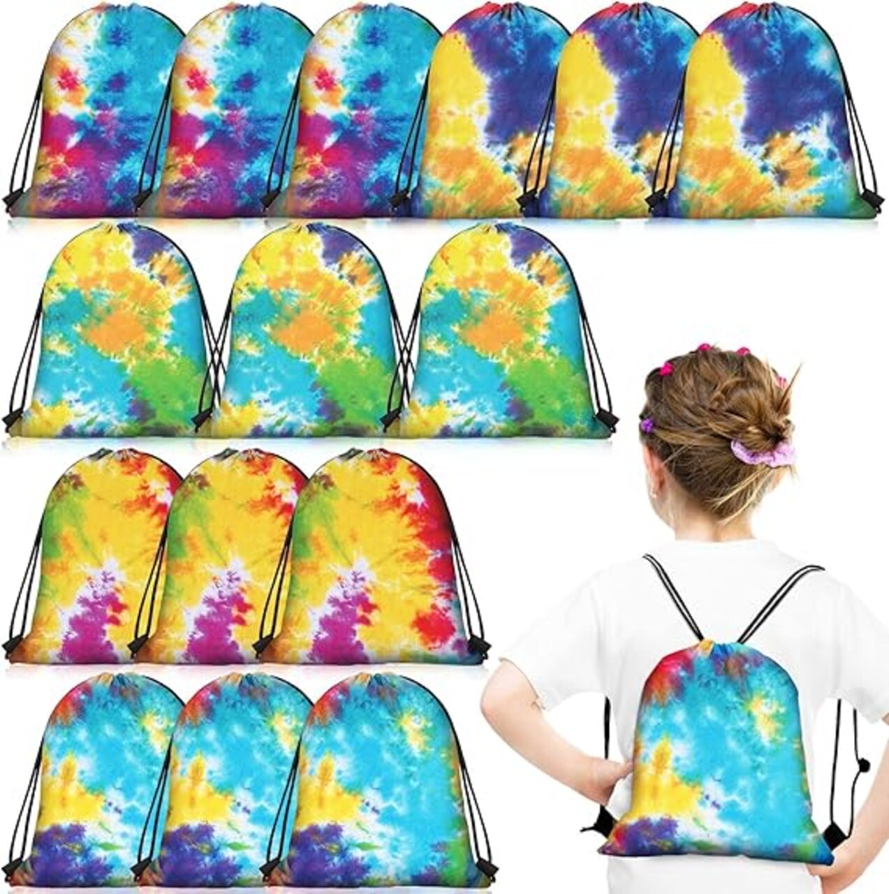 24 Pcs Tie Dye Party Favor Bags - 11.8 Inch Drawstring Backpack Goodie Gift Bags for Birthday Party Supplies